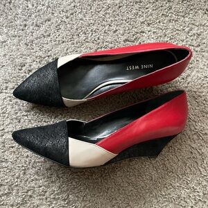 Nine West Red, Black, and Cream Wedges